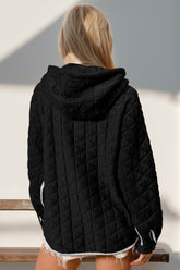Double Take Contrast Trim Long Sleeve Half Snap Texture Hoodie with Pocket OutfitFlow